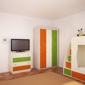 Яркая трехцветная  детская комната с двух ярусной кроватью, шкафом и комодом. Оранжевая белая и зеленая